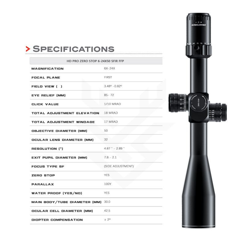 Swamp Deer HD Pro 6-24x50 FFP MRAD Zero Stop Riflescope